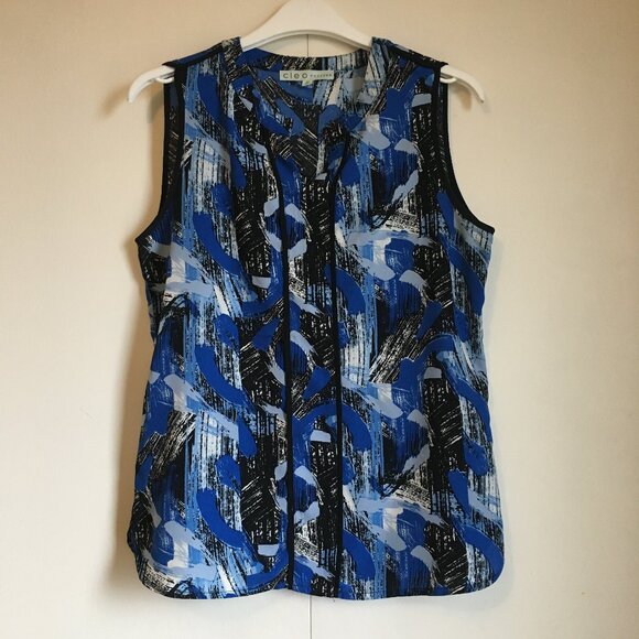 Cleo Petites Artsy Blue Lagoon Black Piping Tunic Tank Top - Picture 1 of 12